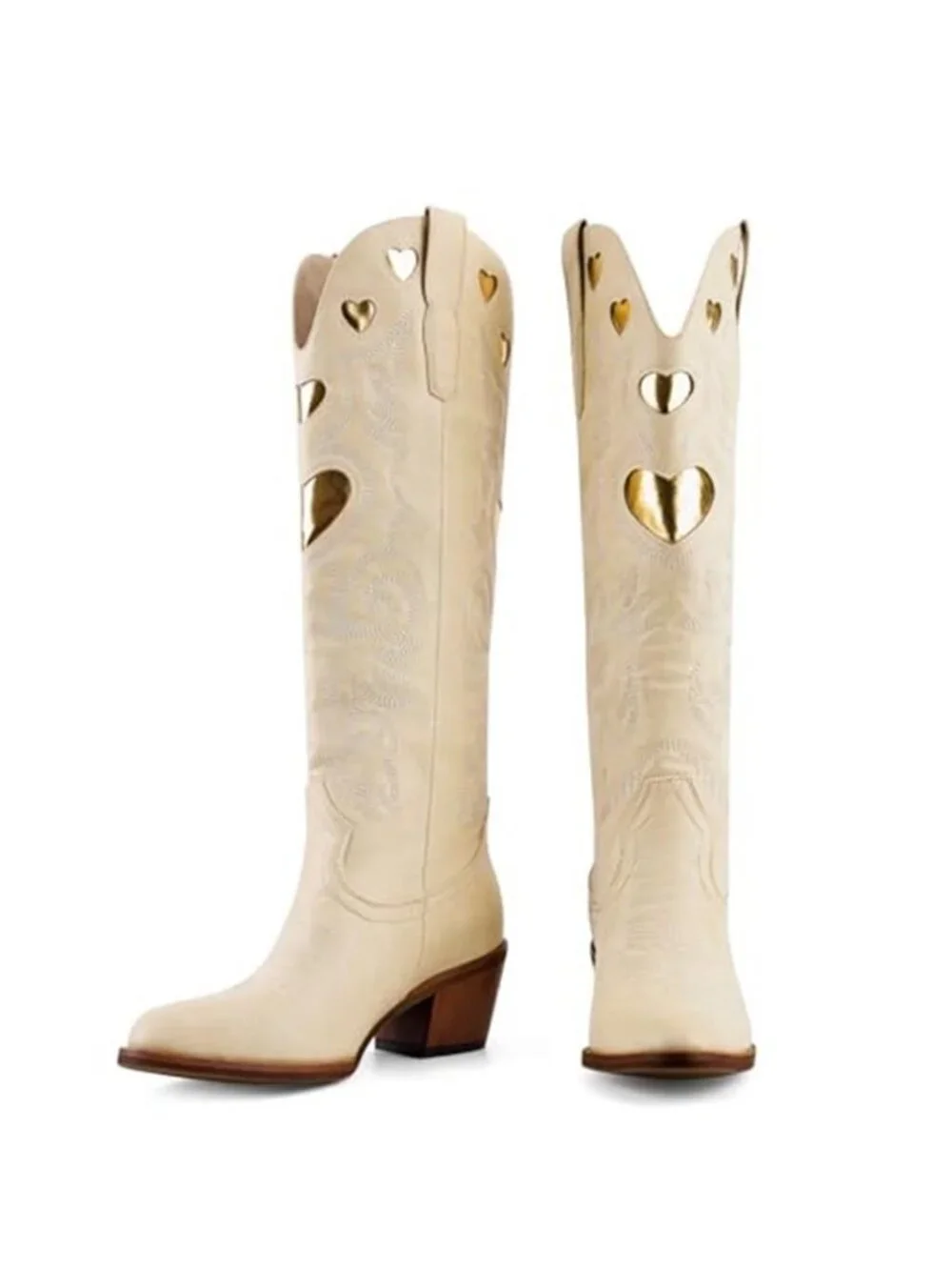 Knee High Boots for Women Heart Embroidered Western Boots Round Toe